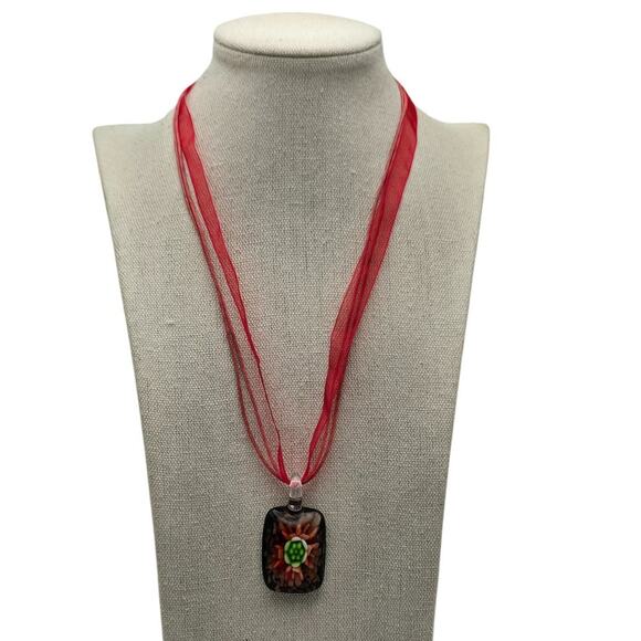 Red Ribbon Cord Flower Art Glass Pendant Necklace - Picture 1 of 6